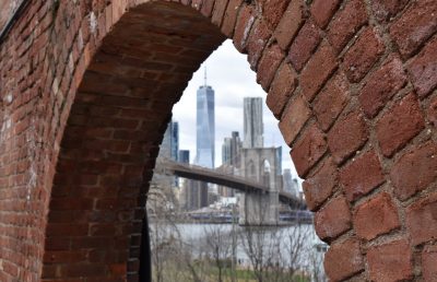 One WTC + Brooklyn Bridge seen through the facade at Empire Stores in Dumbo (David Childs, John Roebling, S9 Architecture)
